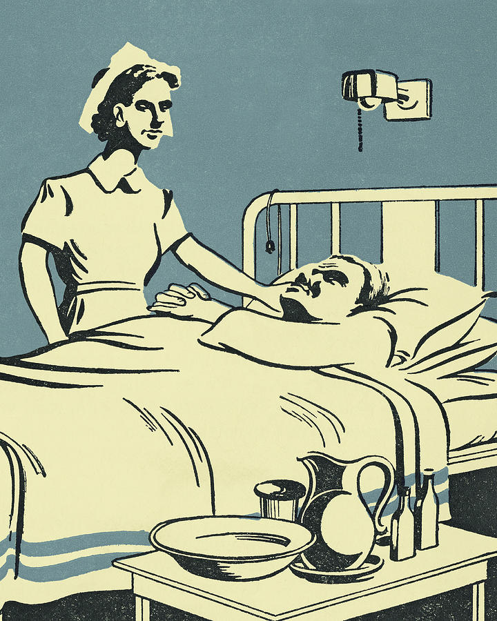 Vintage Drawing - Nurse Tending to a Patient in Bed by CSA Images