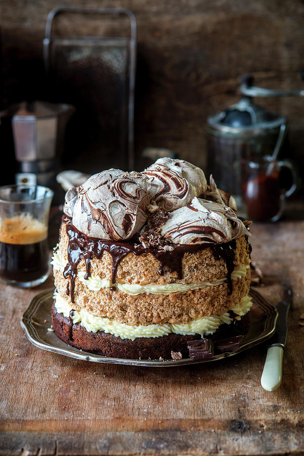 Nut And Meringue Cake With A Brownie Base Photograph by Irina Meliukh