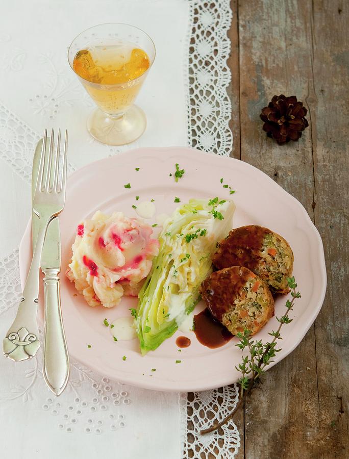 Nut Loaf With Mashed Potato And Beetroot, And Pointed Cabbage With Lemon Cream Photograph by Udo Einenkel