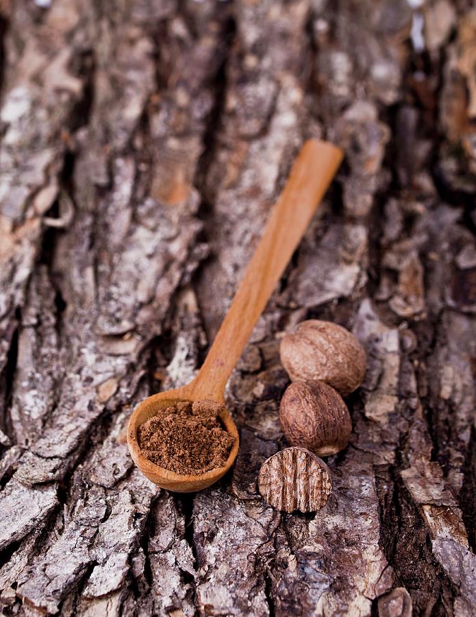 Nutmeg, Whole And Ground, With A Wooden Spoon On A Piece Of Bark Photograph by Dorota Indycka