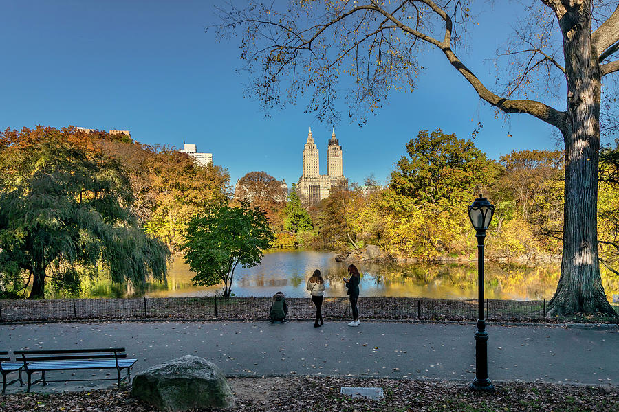Ny, Nyc, Central Park, Path Along Lake, San Remo Apartments In Background Digital Art by Lumiere