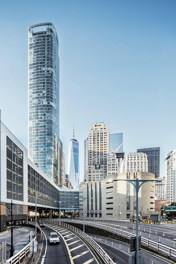 Nyc, Manhattan, Lower Manhattan, Battery Park Underpass, 50 West Street Skyscraper, And One World Trade Center Skyscraper (also Known As Freedom Tower) Digital Art by Massimo Borchi