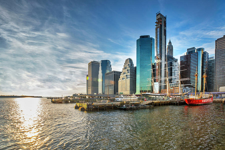 Nyc, Manhattan, South Street Seaport, Pier 17 And Skyline Digital Art by Lumiere