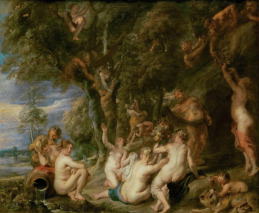 Nymphs and Satyrs, ca. 1615, 1638 - 1640, Flemish School, Oil on canvas, ... Painting by Peter Paul Rubens -1577-1640-
