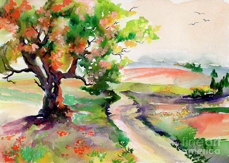 Oak Tree Landscape Path home  Painting by Ginette Callaway