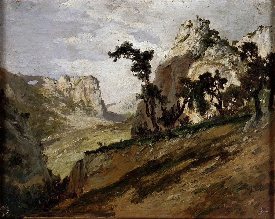 Oaks and Rocks -Picos de Europa-, ca. 1874, Spanish School, Paper, 33 cm x 42... Painting by Carlos de Haes -1829-1898-