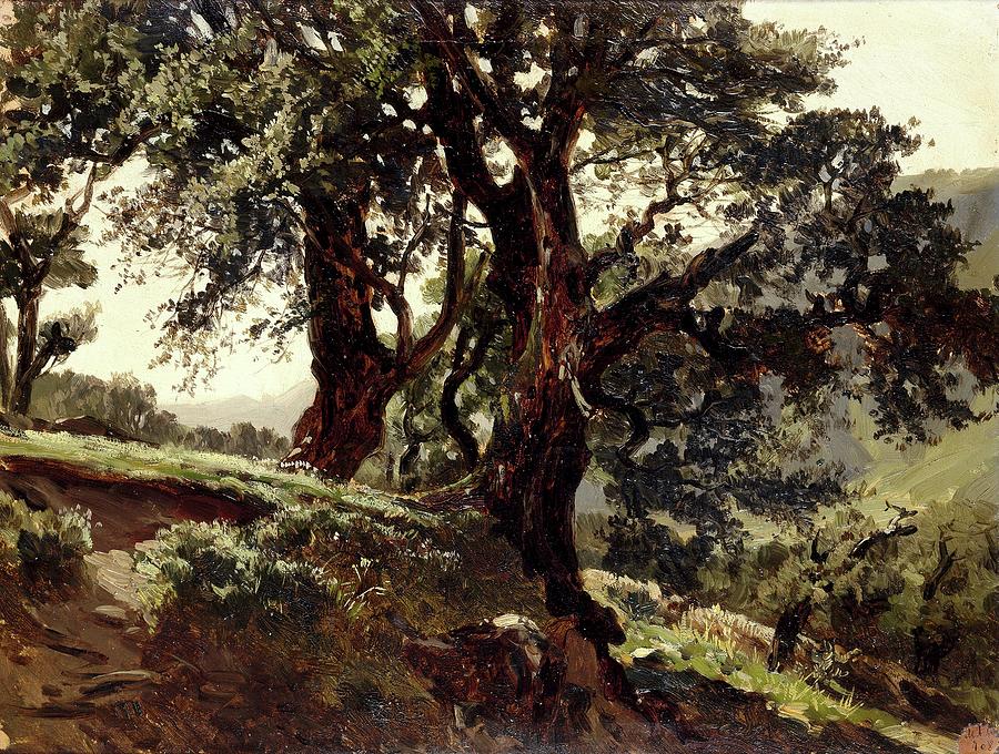 Oaks -Picos de Europa-, ca. 1874, Spanish School, Paper, 33,2 cm x 43 cm, P06... Painting by Carlos de Haes -1829-1898-