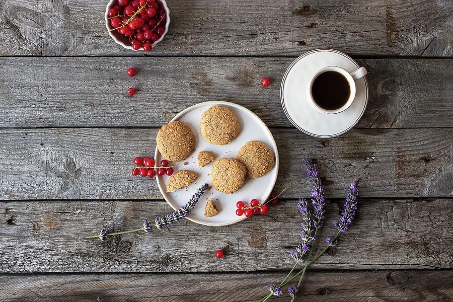 Oat Biscuits With Coffee seen From Above Photograph by Freiknuspern