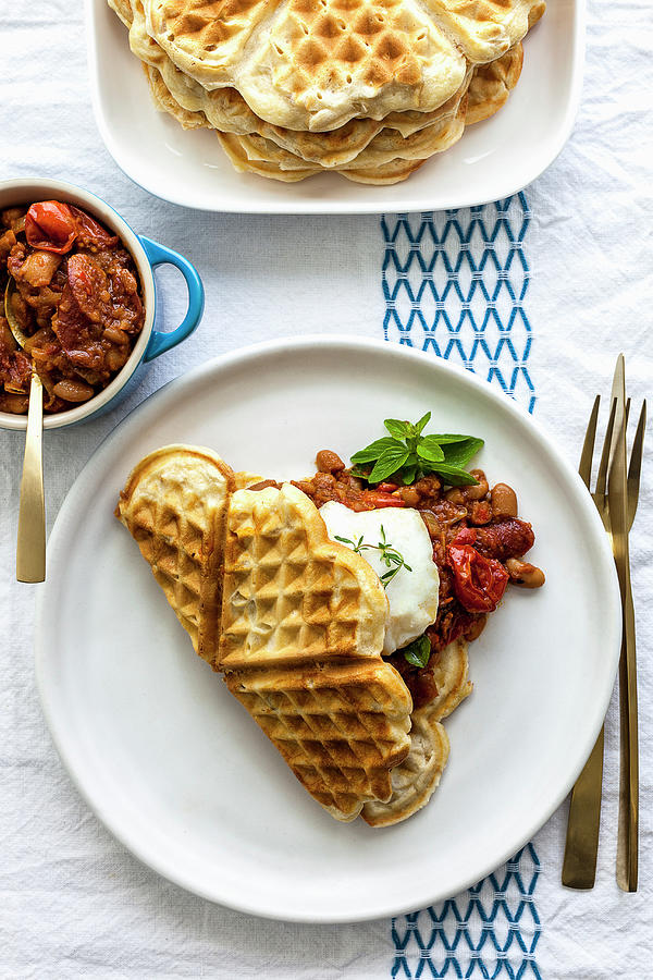 Oat Waffles With Maple Syrup Beans And A Poached Egg Photograph by The Food Union