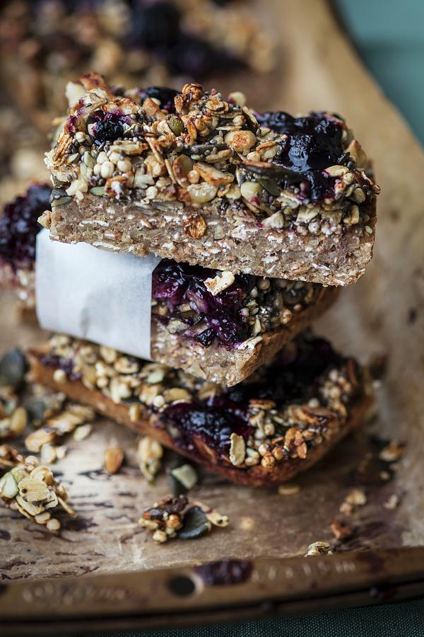 Oatmeal Bars With Blueberries And Pumpkin Seeds superfood Photograph by Eising Studio