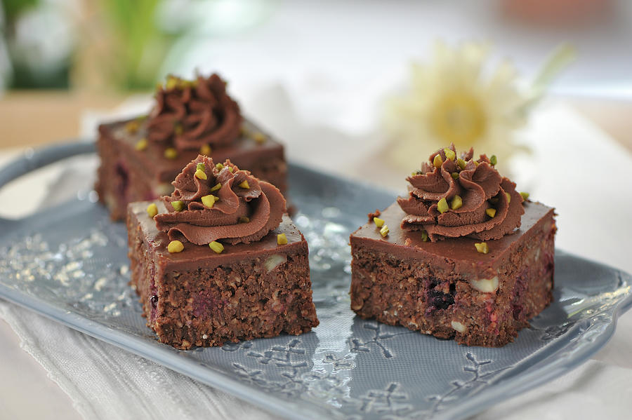 Oatmeal Brownies With Blackberries, Walnuts And Chocolate-date Frosting vegan Photograph by B.b.s Bakery