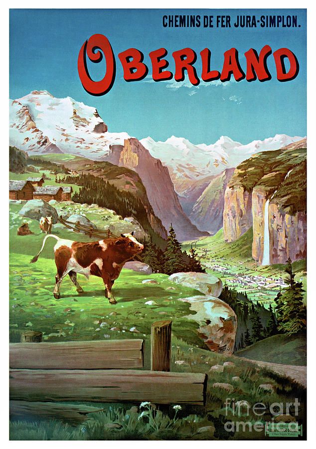 Oberland Switzerland Vintage Poster Restored Drawing