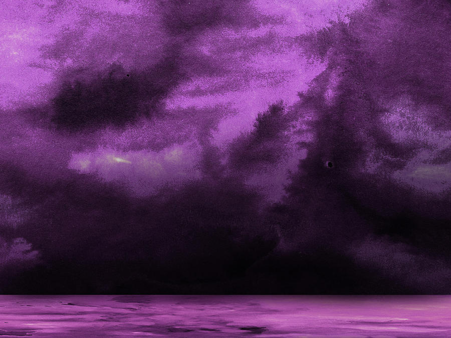 Ocean And Purple Sky Watercolor Ii Painting By Naxart Studio