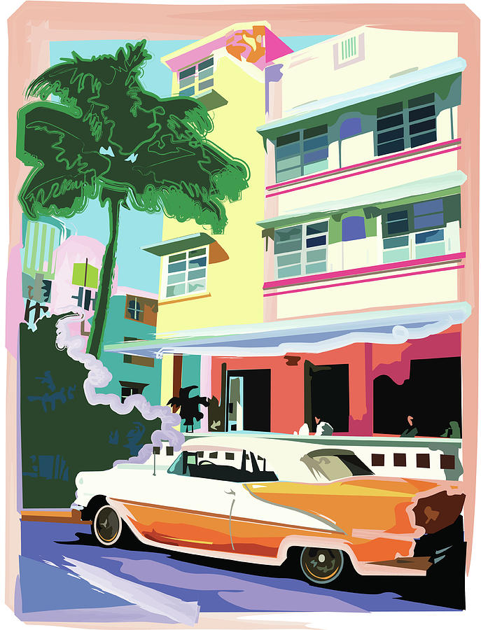 Ocean Drive Hotel With Roadster Digital Art by Shellpreast