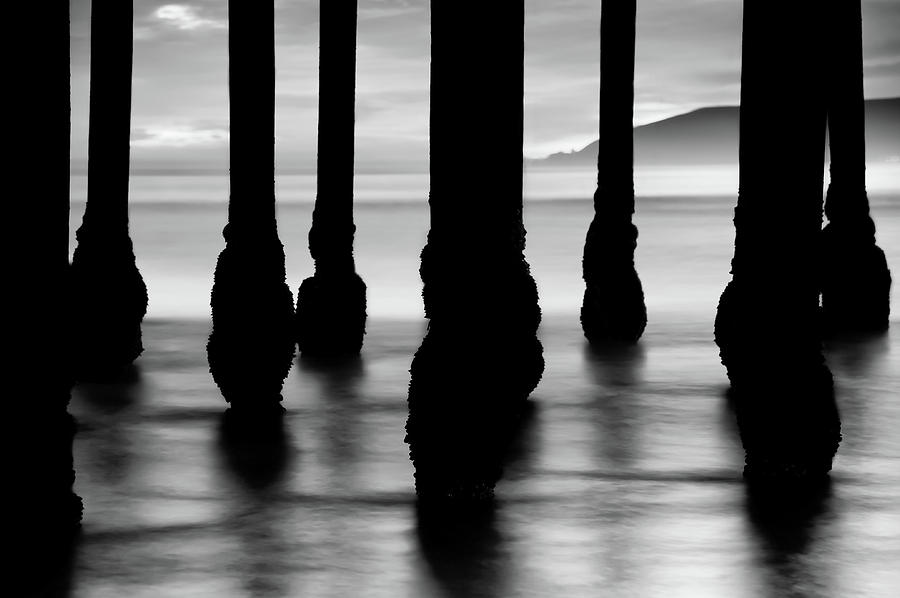 Ocean Pier Silhouettes - California Sunset - Black And White Photograph