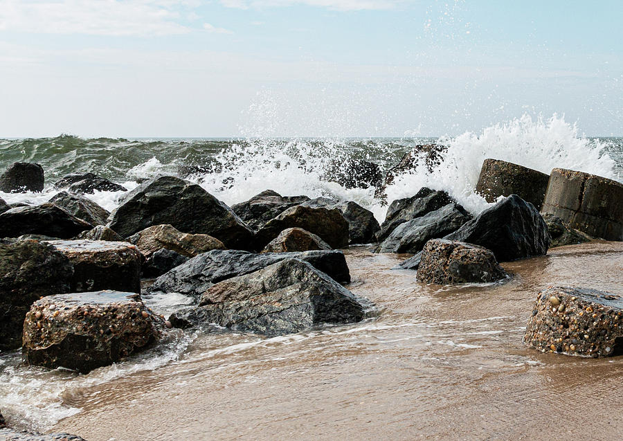 Nature Photograph - Ocean waves crashing in to rocks on shore by David Wood