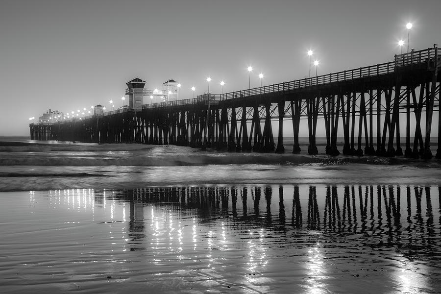Oceanside California Pier Night Lights Black and White Photograph by Catherine Walters