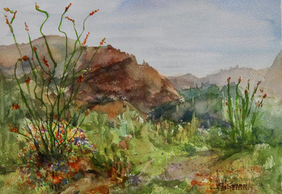 Ocotillo in Bloom Painting by Susan Seaborn