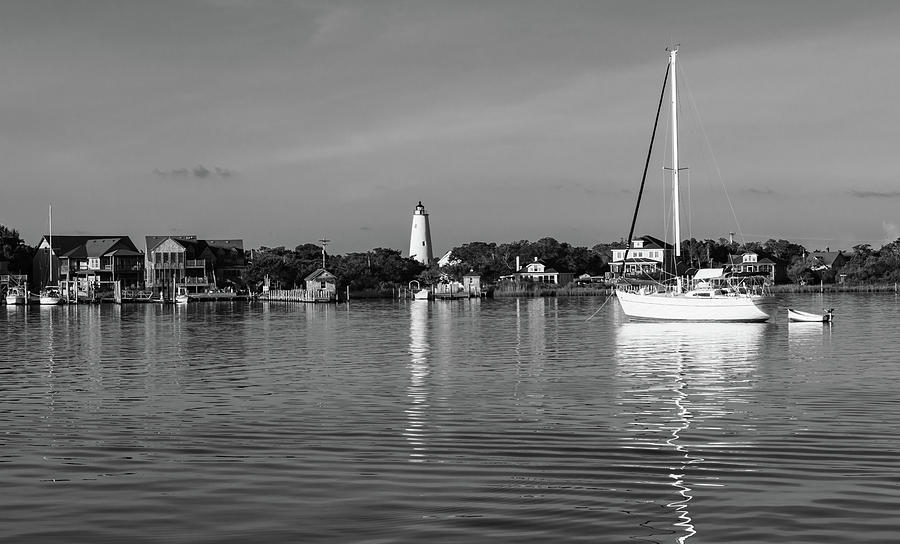 Ocracoke Light Reflected on Silver Lake in Black and White Photograph by Liz Albro