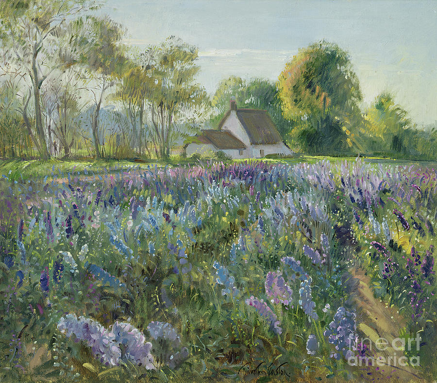 October Delphiniums Painting by Timothy Easton