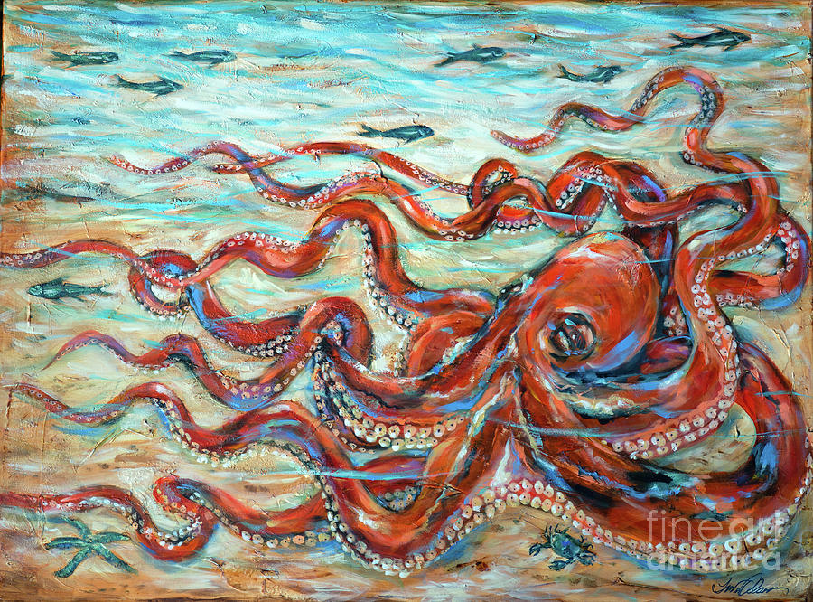 Octopus Crawl Red Painting by Linda Olsen