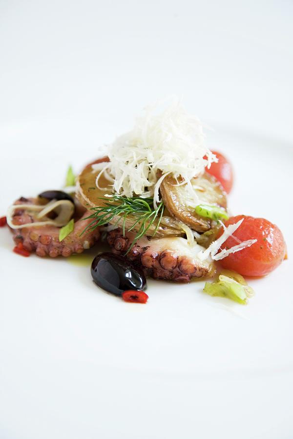 Octopus Grstl typical Tirolean Dish Using Leftovers With Fresh Seafood And Spring Onions Photograph by Michael Wissing
