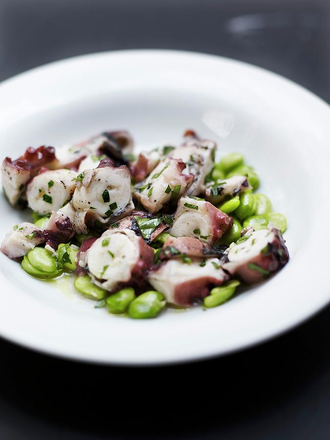 Octopus With Baby Broad Beans Photograph by Amiel