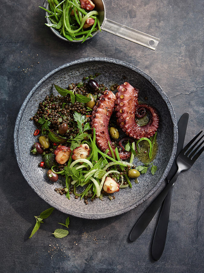 Octopus With Lentils, Olives And Herbs Photograph by Thorsten Kleine Holthaus