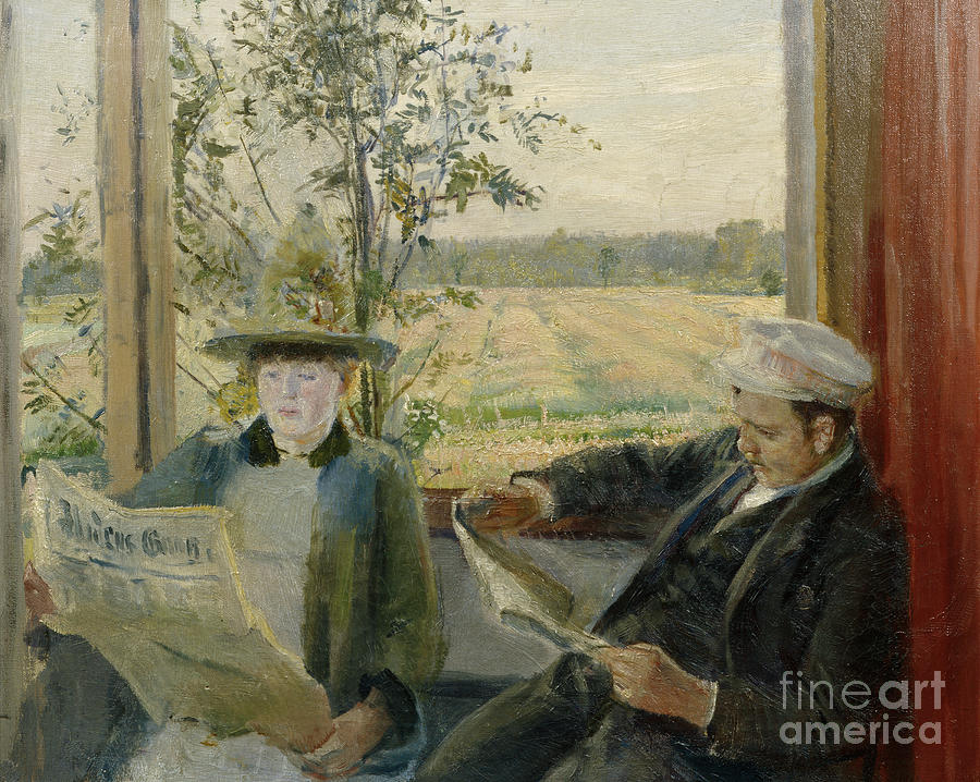 Oda Krohg reading Verdens Gang Painting by O Vaering by Christian Krohg