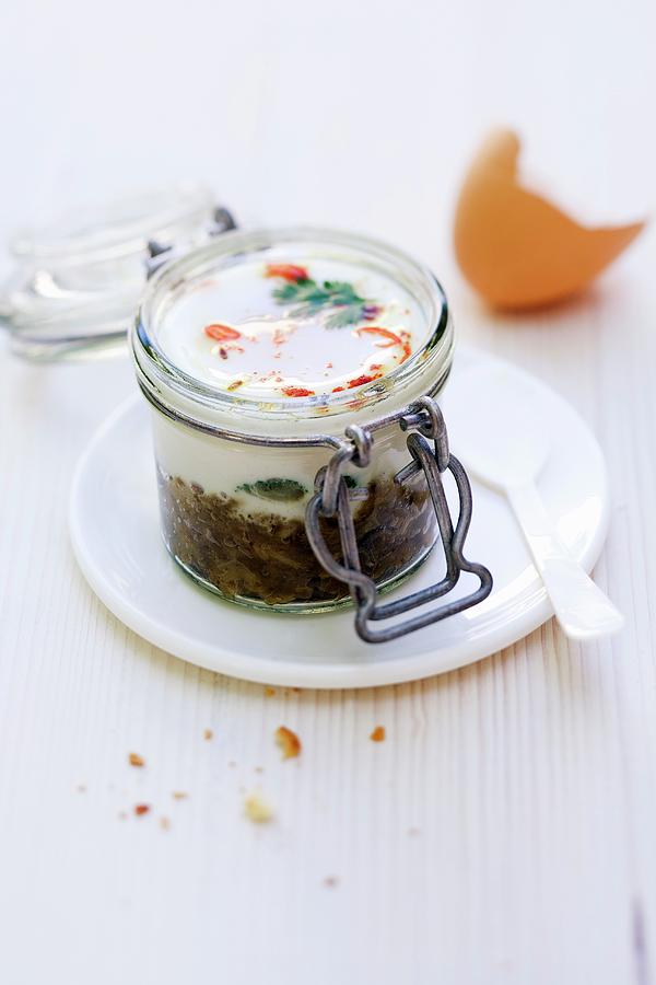 Oeuf Cocotte With Aubergine Caviar And Coriander Photograph by Michael Wissing