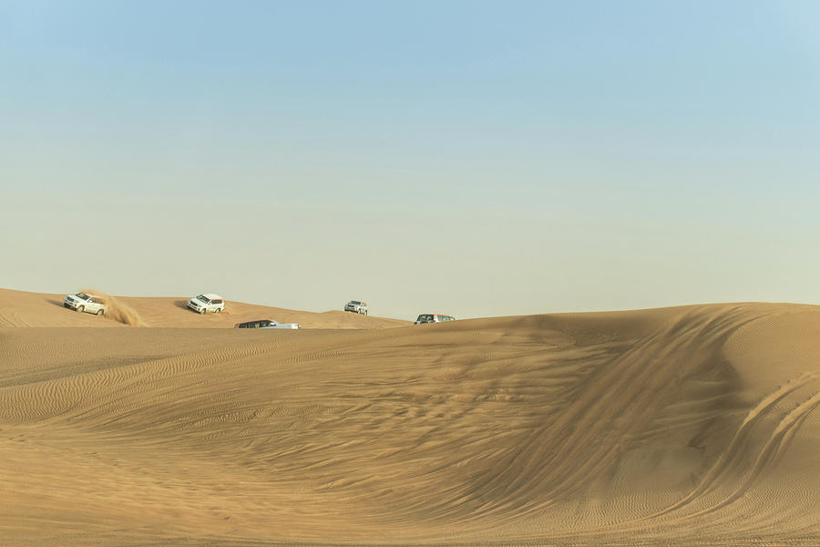 Desert Digital Art - Off Road Vehicles Driving On Desert Dunes, Dubai, United Arab Emirates by Roberto Peri