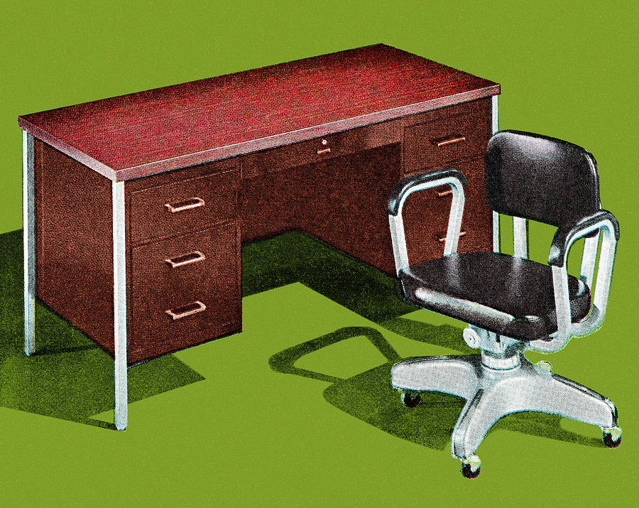 Vintage Drawing - Office Desk and Chair by CSA Images