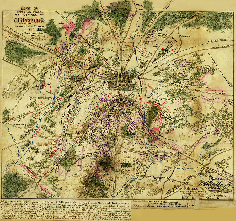 Official plan of Gettysburg. Pennsylvania, fought 1st, 2nd, 3rd July 1863. Painting by Robert Knox Sneden