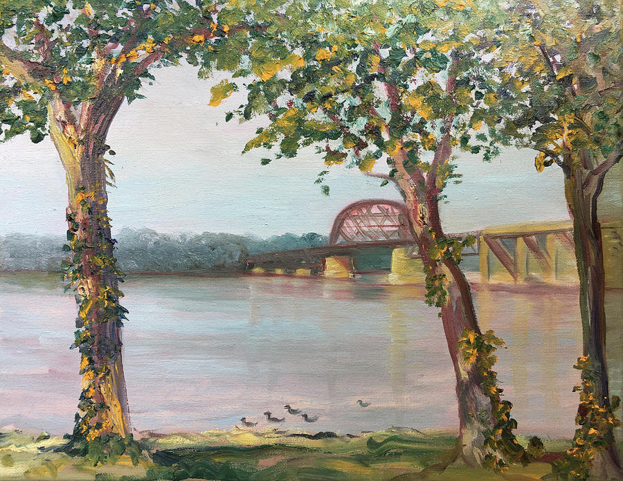 Ohio River and Old Railroad Bridge Painting by Susan E Brooks