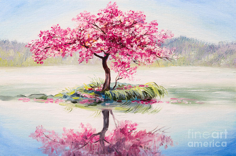 Cherry Digital Art - Oil Painting Landscape Oriental Cherry by Fresh Stock