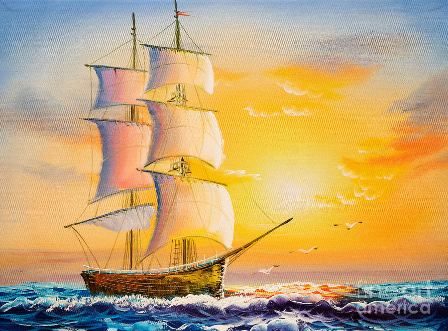 Oil Painting Sailing Boat Digital Art By Cyc