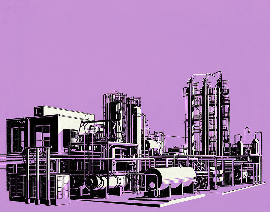 Vintage Drawing - Oil Refinery Purple Background by CSA Images