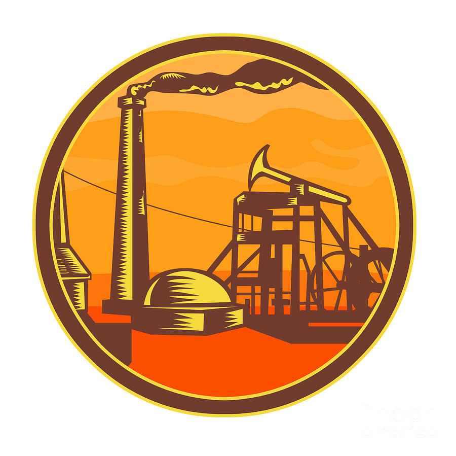Oil Well With Pump Jack Circle Icon Retro Digital Art