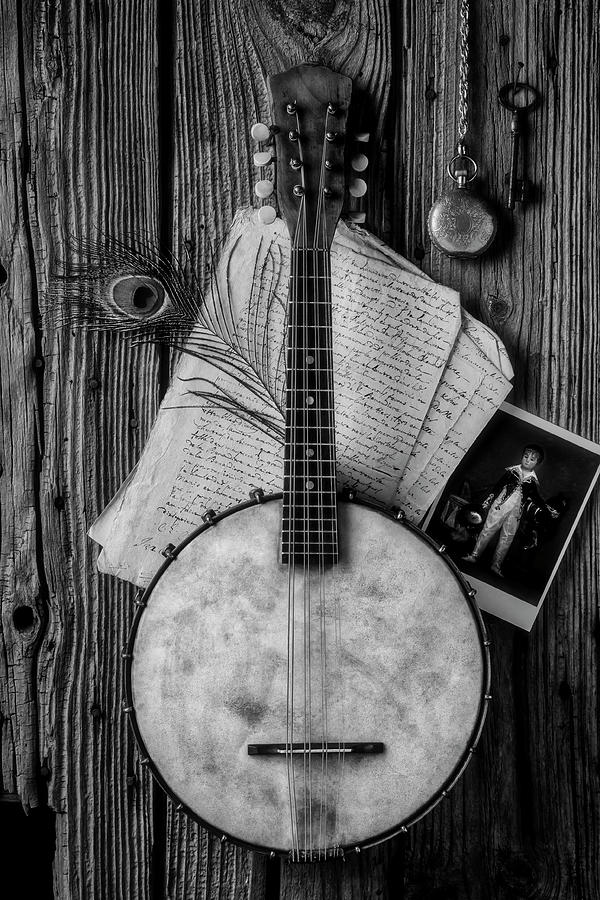 Old Banjo And Letters Black And White Photograph by Garry Gay