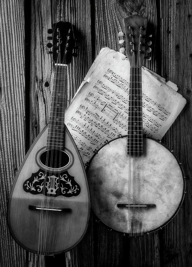 Still Life Photograph - Old Banjo And Mandolin Black And White by Garry Gay