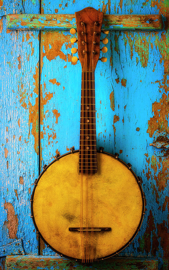 Old Banjo On Blue Wall Photograph by Garry Gay