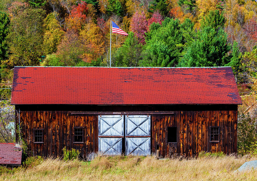 Old Barn & Flag In Autumn, Ny Digital Art by Milton Photography