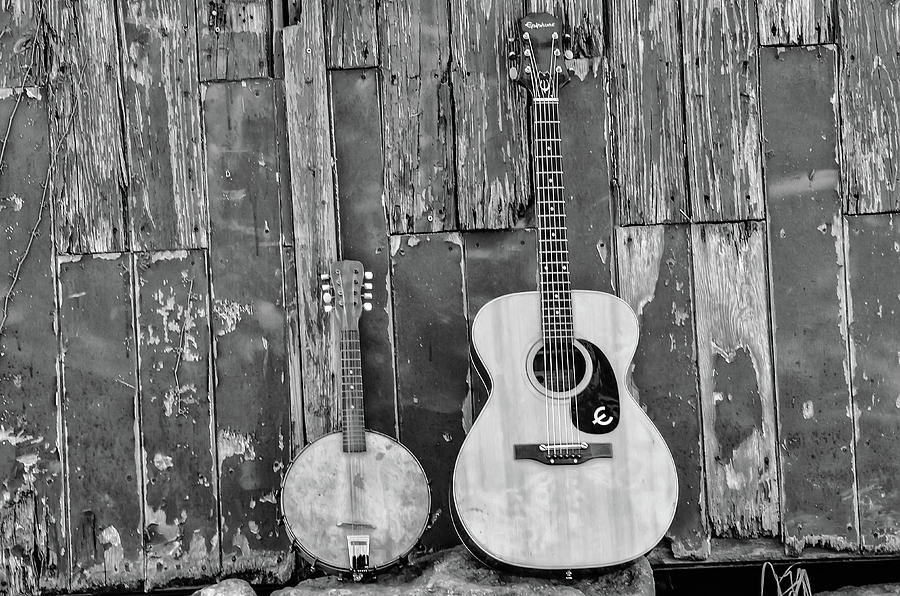 Old Barn - Guitar and Banjo in Black and White Photograph by Bill Cannon