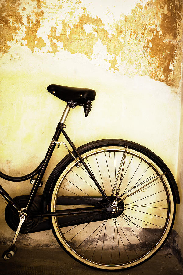 Old Black Bicycle Wall Peeling, Vertical Photograph by Deimagine