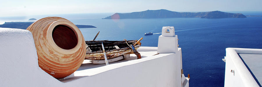 Old Boat And Urn On Roof In Santorini Photograph by Jeff Rose Photography