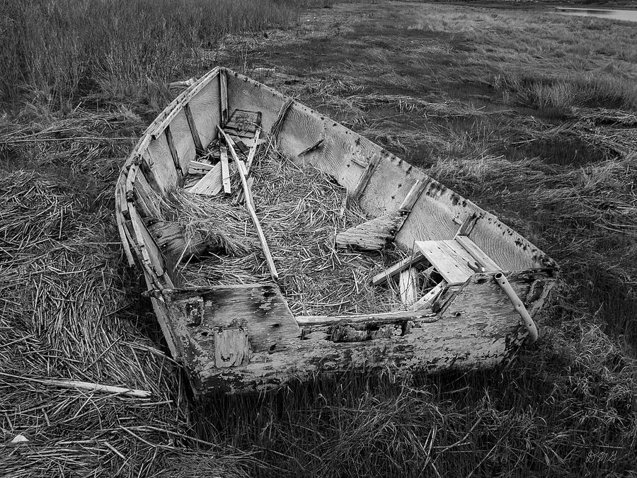 Black And White Photograph - Old Boat in Tidal Marsh II BW by David Gordon