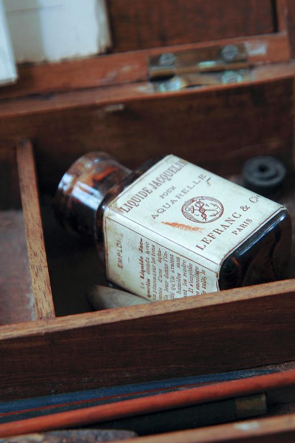 Old Bottle Of Water Colour Paint With French Label In Wooden Box Photograph by Christophe Madamour