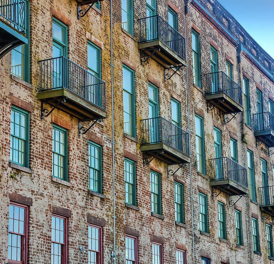 Old Brick Building with Red and Green Windows and Balconies Photograph by Darryl Brooks