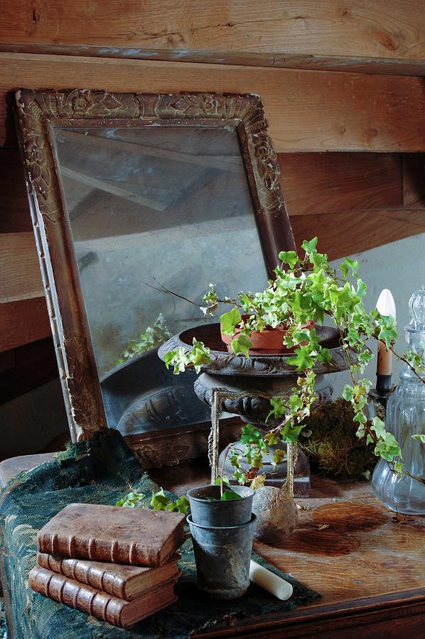 Old Cabinet Decorated With Antique, Patinated Collectors Items And Ivy Planted In Old Amphora Photograph by Christophe Madamour