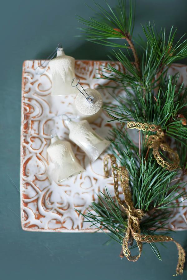Old Christmas-tree Baubles, Fir Branch And Brocade Ribbon Photograph by Alicja Koll